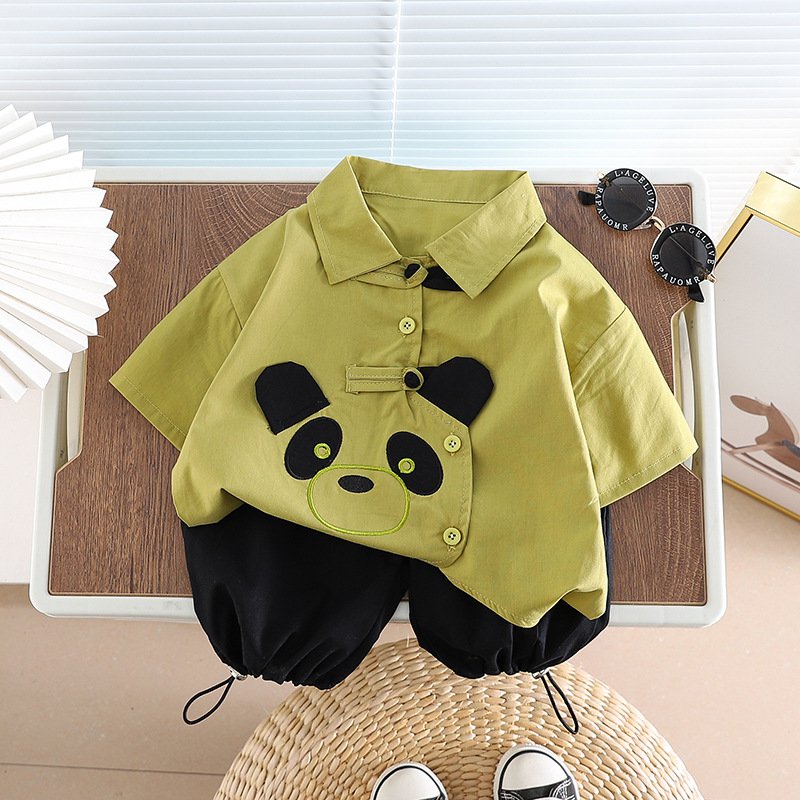 New Chinese style two-piece set Boys panda cartoon summer clothes shirt lantern pants Suit baby Boys Clothing Sets