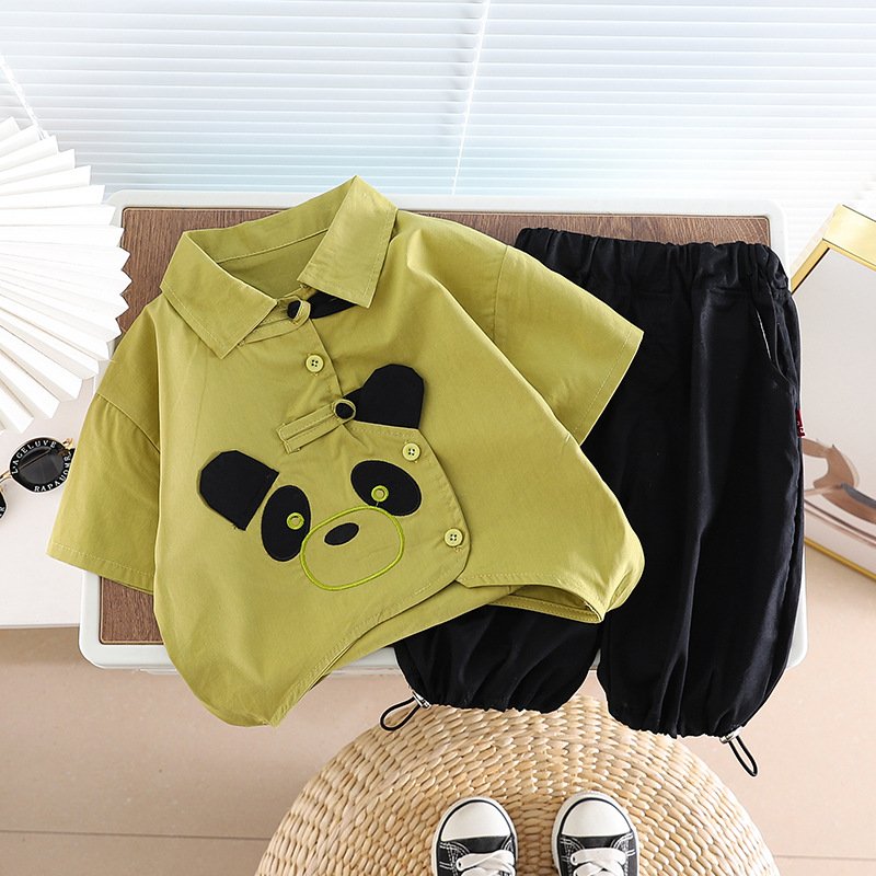 New Chinese style two-piece set Boys panda cartoon summer clothes shirt lantern pants Suit baby Boys Clothing Sets