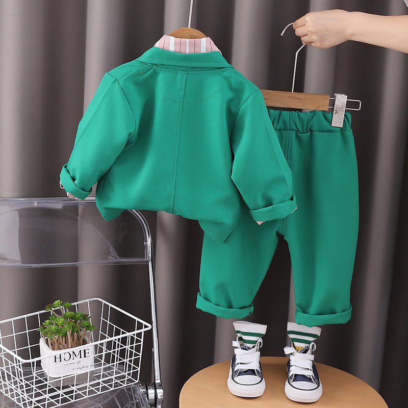 2024 Autumn/Winter Boys' Clothing Set Long Sleeve Top with Striped Shirt Suit Tie Trim Three-Piece Outdoor Kids' Warm Collection