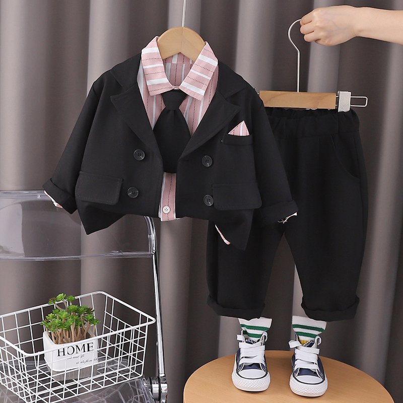 2024 Autumn/Winter Boys' Clothing Set Long Sleeve Top with Striped Shirt Suit Tie Trim Three-Piece Outdoor Kids' Warm Collection