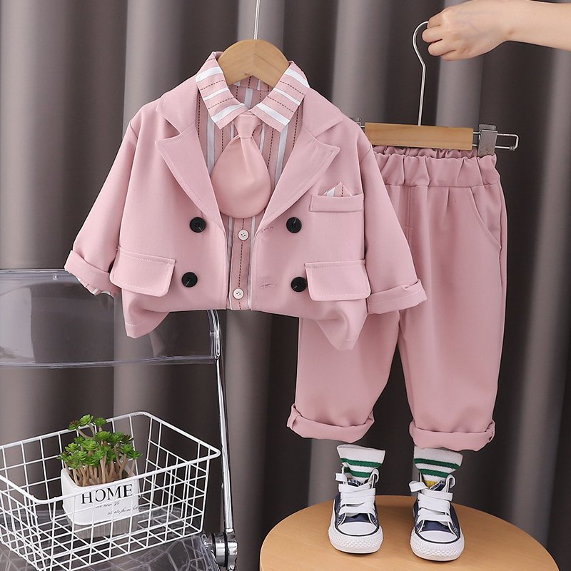 2024 Autumn/Winter Boys' Clothing Set Long Sleeve Top with Striped Shirt Suit Tie Trim Three-Piece Outdoor Kids' Warm Collection