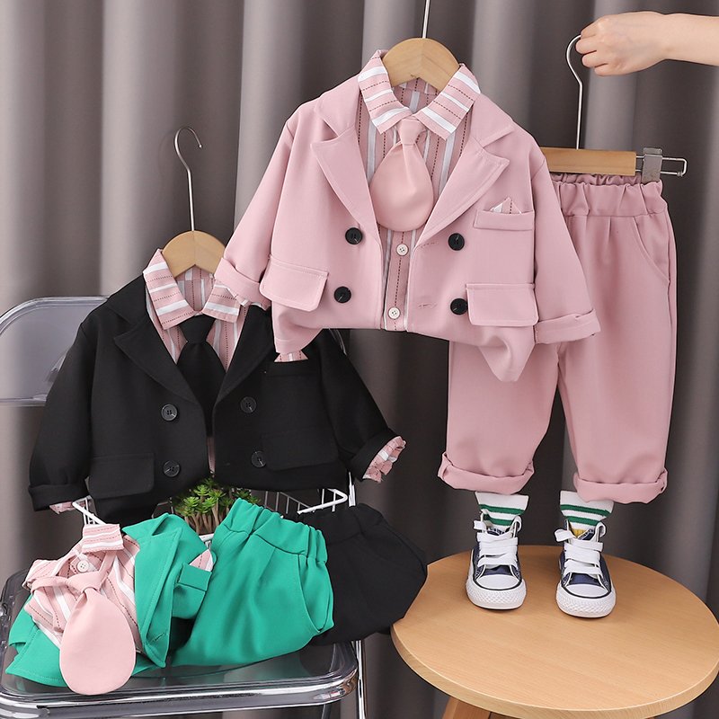 2024 Autumn/Winter Boys' Clothing Set Long Sleeve Top with Striped Shirt Suit Tie Trim Three-Piece Outdoor Kids' Warm Collection