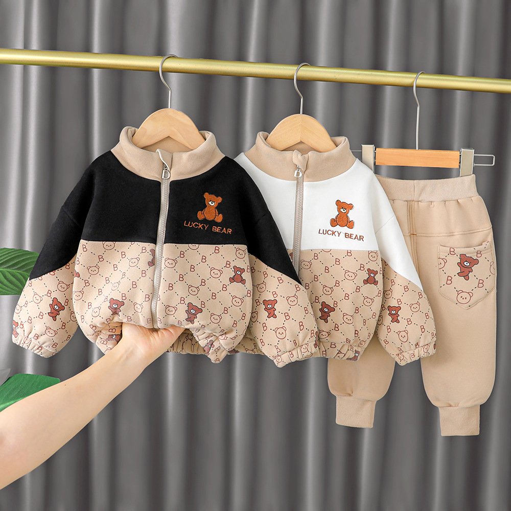 Autumn Children's Long-Sleeved bear Cardigan Kids Boy cartoon Trousers casual Top 2-Piece Clothing Set Baby Clothes