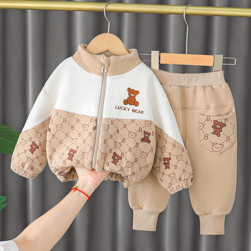 Autumn Children's Long-Sleeved bear Cardigan Kids Boy cartoon Trousers casual Top 2-Piece Clothing Set Baby Clothes