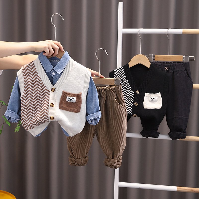 Men's & Children's Cotton Knit Sweater Waistcoat Set Casual Suit with Foreign Style Print Three Korean Baby Clothes