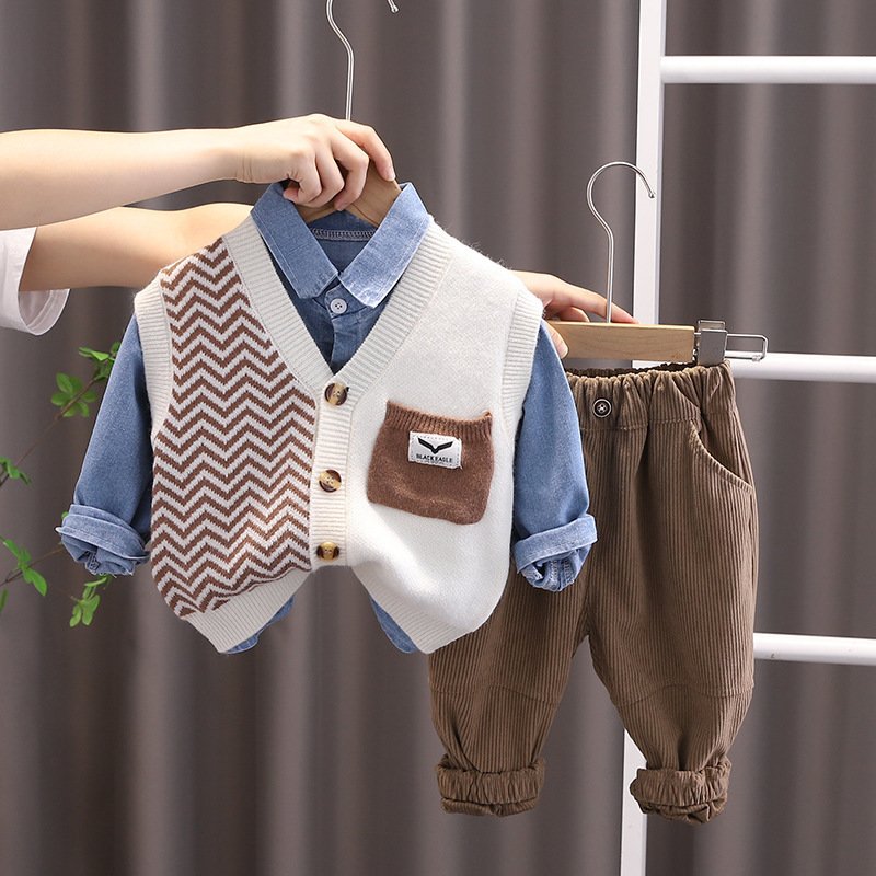 Men's & Children's Cotton Knit Sweater Waistcoat Set Casual Suit with Foreign Style Print Three Korean Baby Clothes