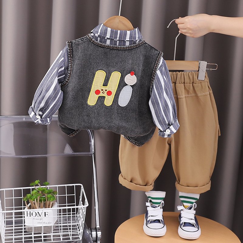 2024 Autumn/Winter Boys' Casual Clothing Set Cotton Long Sleeve Top Striped Denim Vest Tie Trim Three-Piece Outdoor Kids' Set