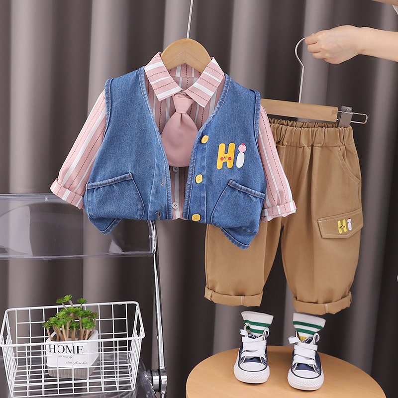 2024 Autumn/Winter Boys' Casual Clothing Set Cotton Long Sleeve Top Striped Denim Vest Tie Trim Three-Piece Outdoor Kids' Set