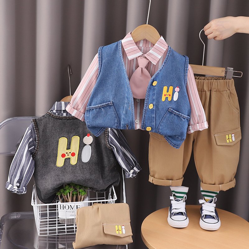 2024 Autumn/Winter Boys' Casual Clothing Set Cotton Long Sleeve Top Striped Denim Vest Tie Trim Three-Piece Outdoor Kids' Set