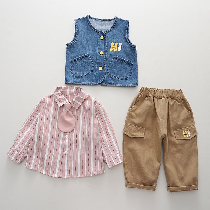 2024 Autumn/Winter Boys' Casual Clothing Set Cotton Long Sleeve Top Striped Denim Vest Tie Trim Three-Piece Outdoor Kids' Set