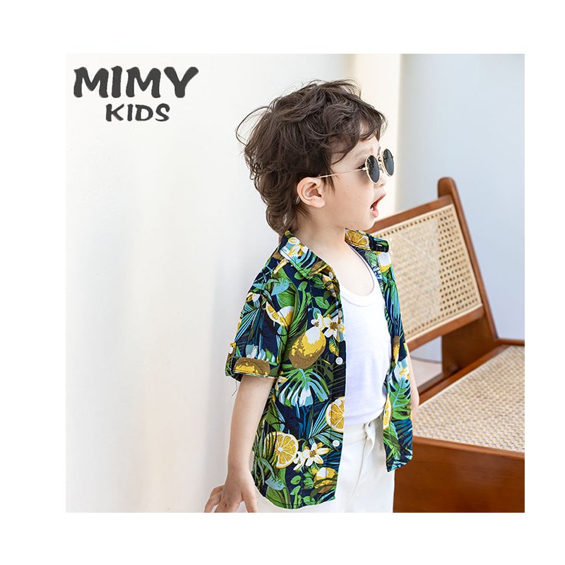 Hawaiian Beach shirt with lemon pattern stand collar shirts baby kids custom cotton shirts shorts 2 pcs set under 14years