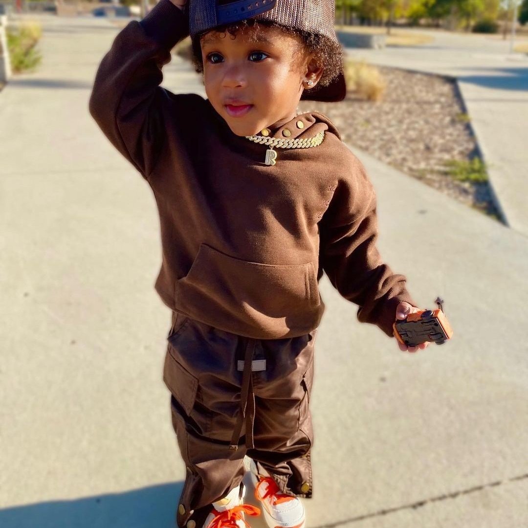Autumn Vintage Brown Color Custom Kids Outfits Hoodie Cargo Sweatpants Boys Clothing Sets