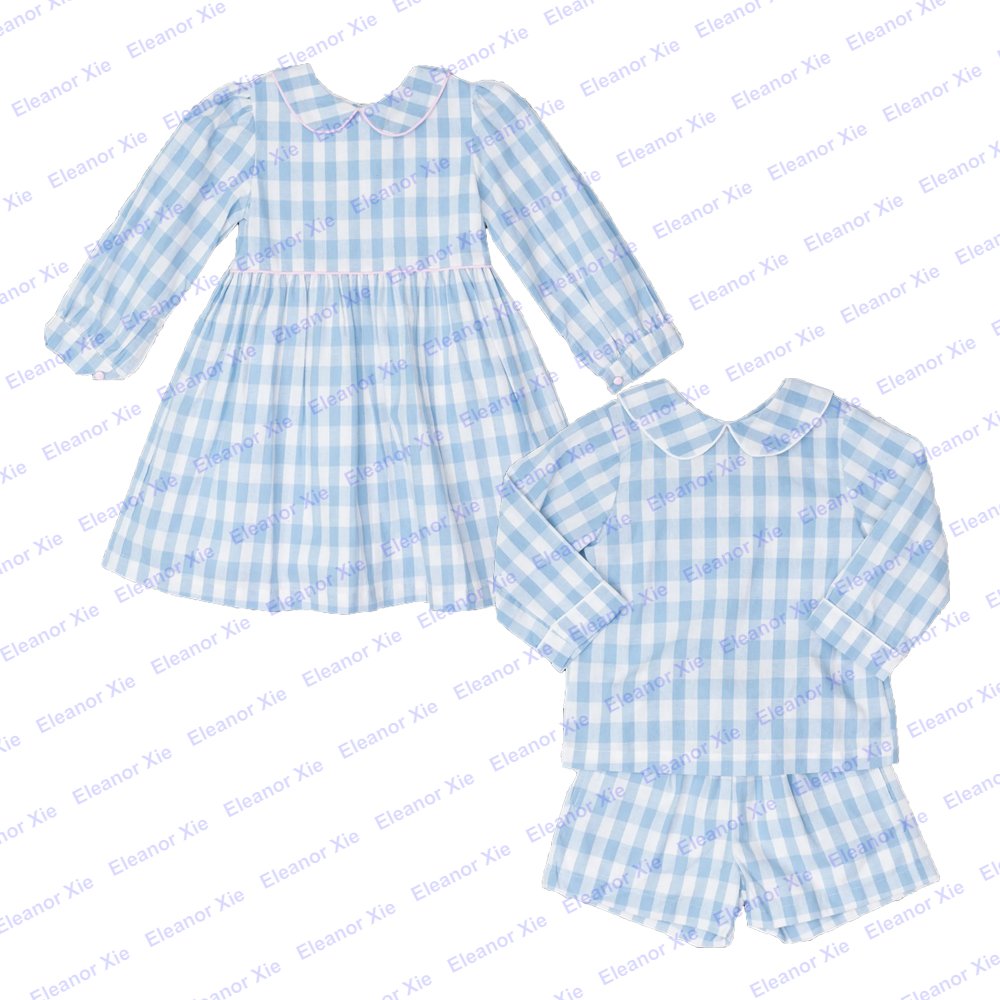 Embroidered gingham cotton children toddler boys clothing sets autumn long sleeve peter pan collar baby short set