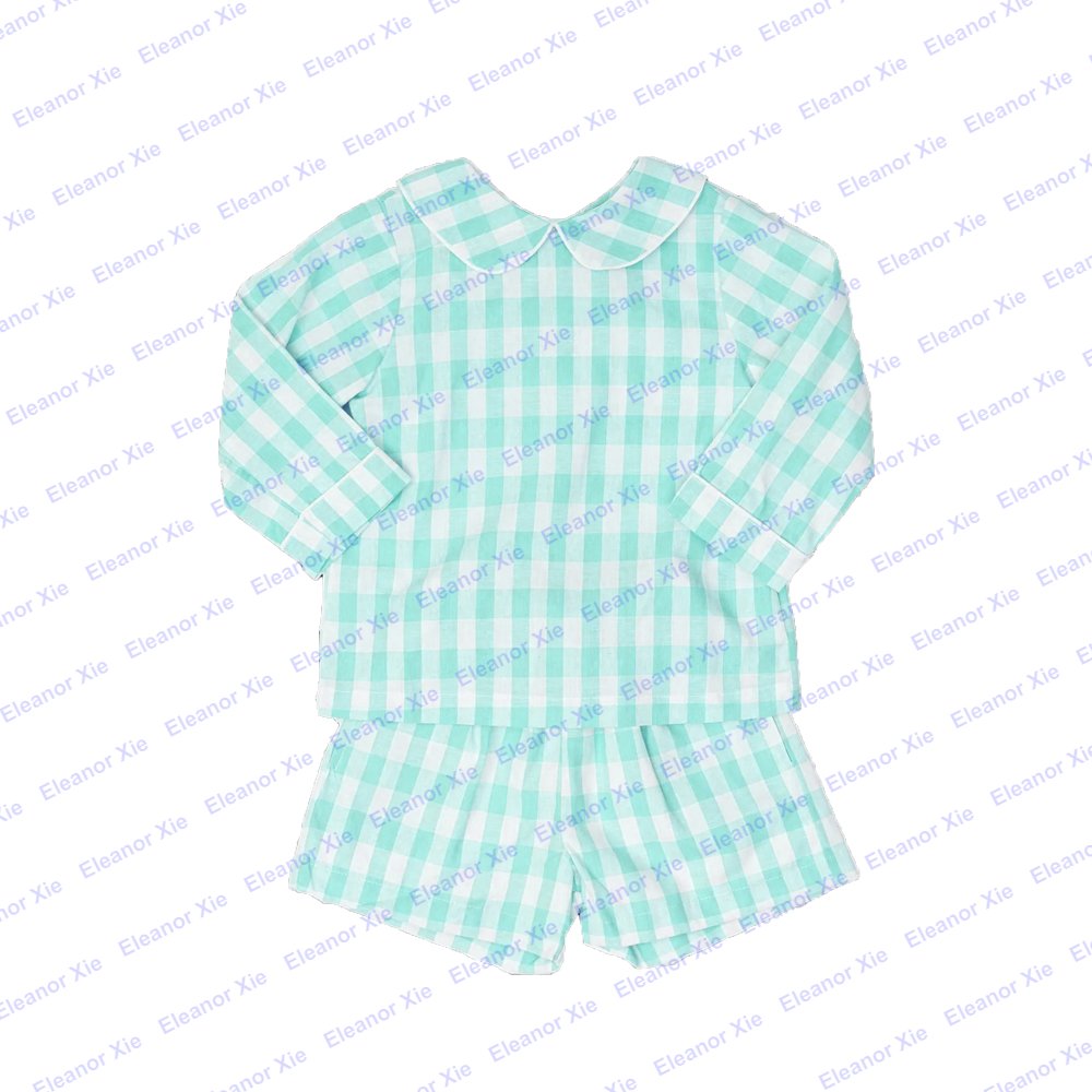 Embroidered gingham cotton children toddler boys clothing sets autumn long sleeve peter pan collar baby short set