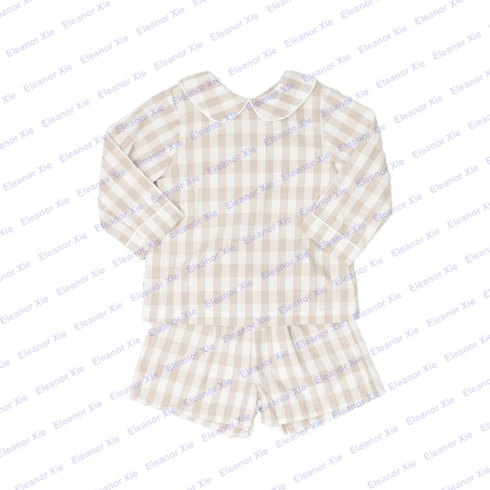 Embroidered gingham cotton children toddler boys clothing sets autumn long sleeve peter pan collar baby short set