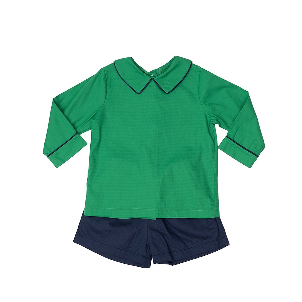 Embroidered gingham cotton children toddler boys clothing sets autumn long sleeve peter pan collar baby short set