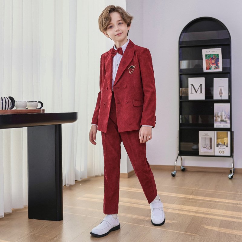 European American Clothing Kids Fashion Handsome Solid Color Boys Casual suit Five-piece Flower Boy Host Costume