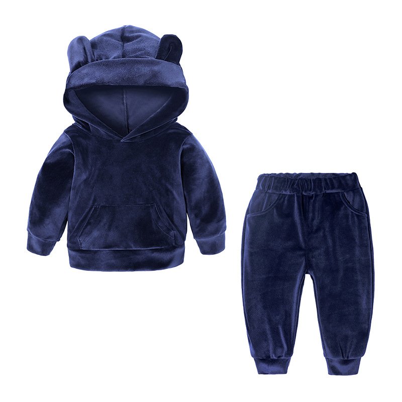 INS Cute Winter Baby Girls Boys Velvet Sport Suits Clothes Set Velvet Rabbit Ears Hoodies Sweatshirt Pants Tracksuit Outfit For