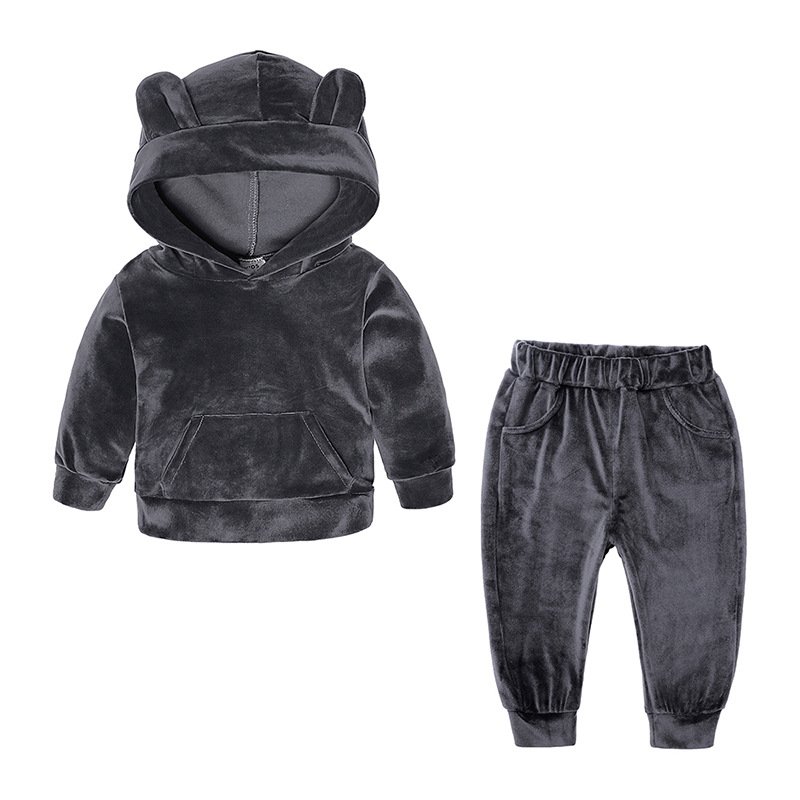 INS Cute Winter Baby Girls Boys Velvet Sport Suits Clothes Set Velvet Rabbit Ears Hoodies Sweatshirt Pants Tracksuit Outfit For