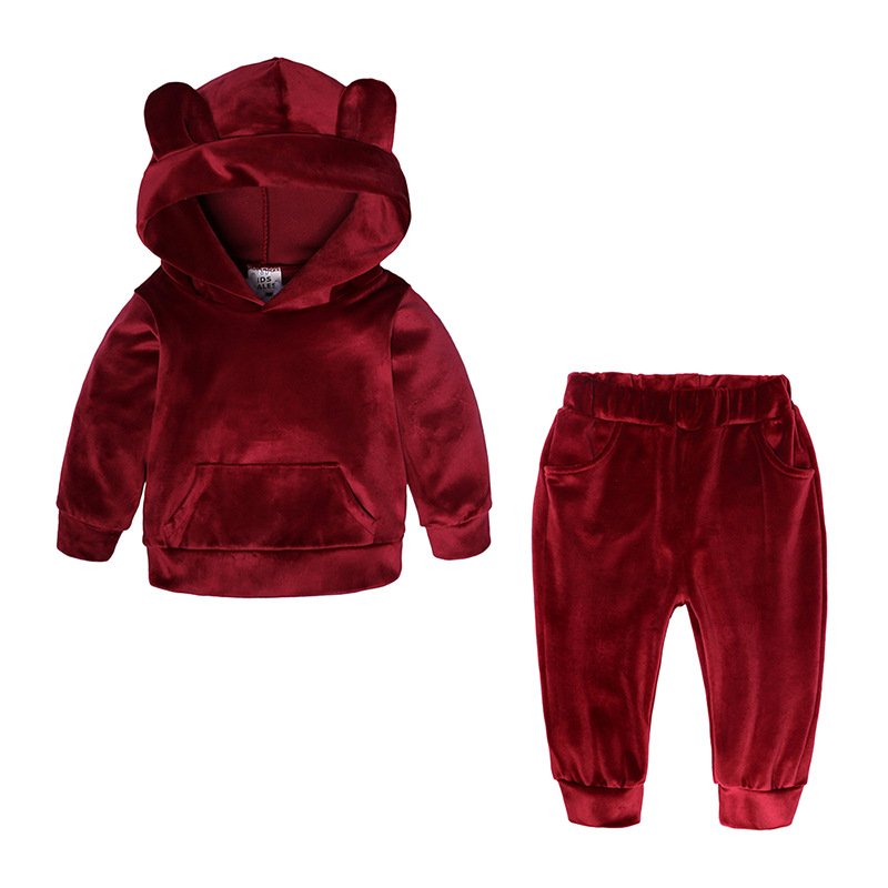 INS Cute Winter Baby Girls Boys Velvet Sport Suits Clothes Set Velvet Rabbit Ears Hoodies Sweatshirt Pants Tracksuit Outfit For