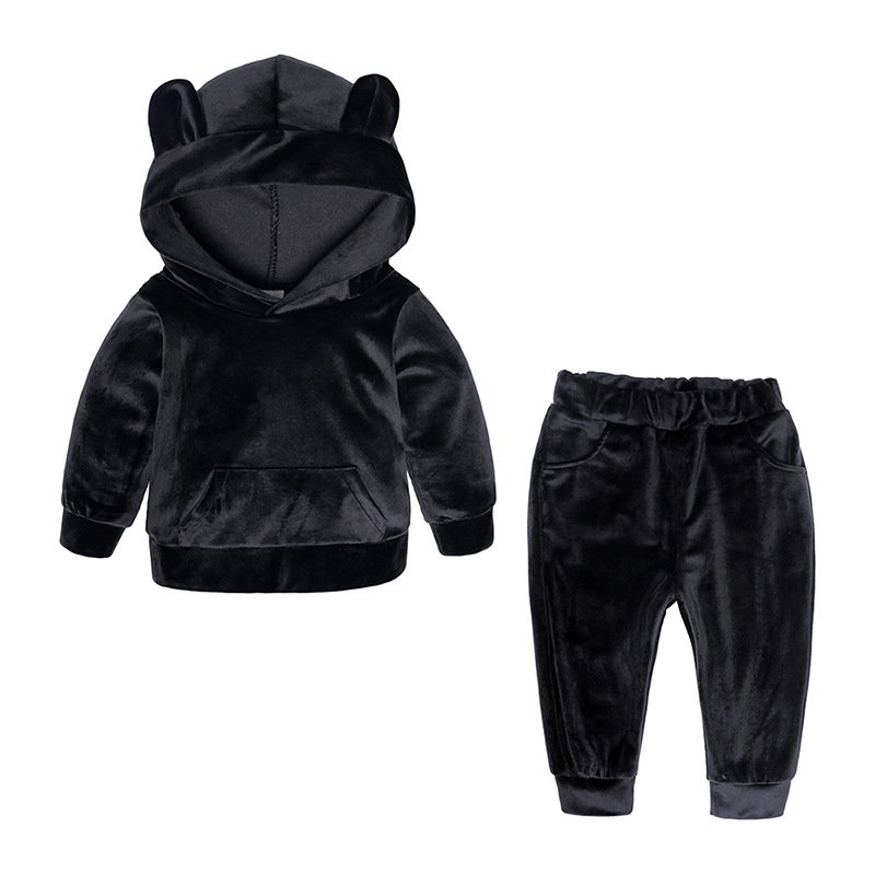 INS Cute Winter Baby Girls Boys Velvet Sport Suits Clothes Set Velvet Rabbit Ears Hoodies Sweatshirt Pants Tracksuit Outfit For