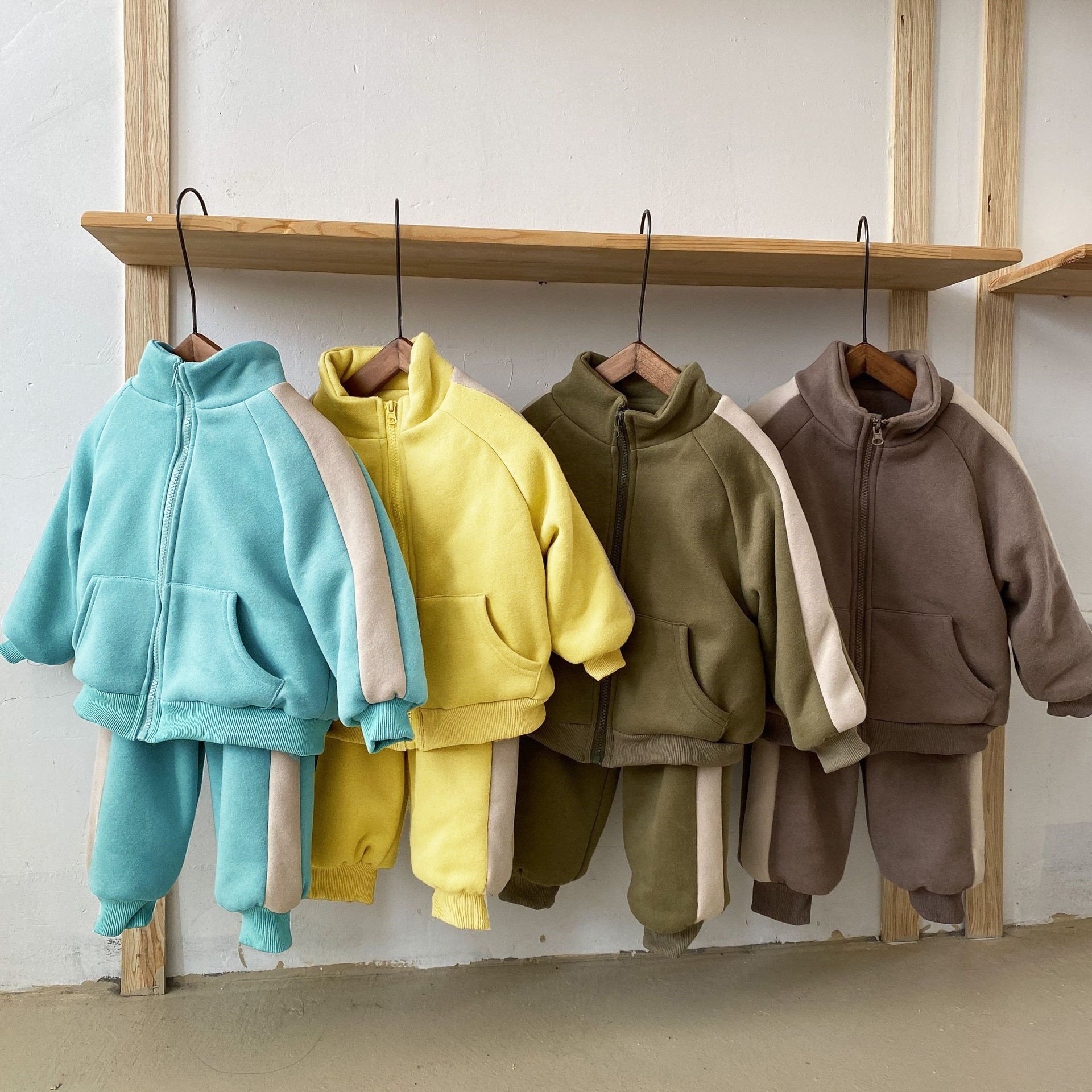 2024 Newest Boutique Winter Autumn Solid Color Fleece Velvet Warm Clothes Sets for Boys Girls