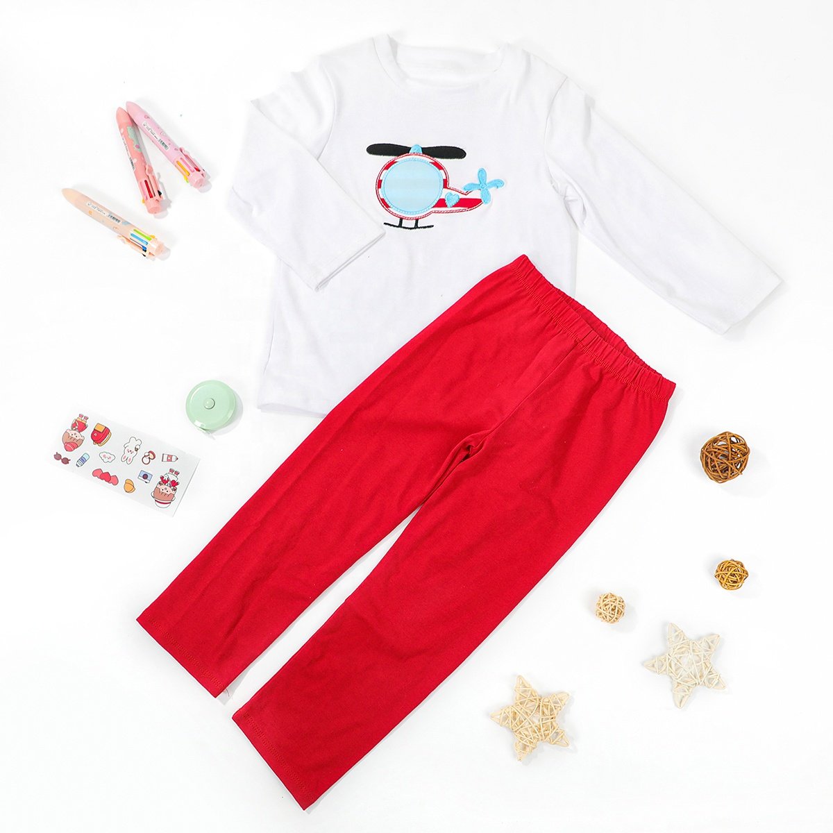 Airplane applique toddler boy boutique outfit custom logo boy shirts with matching pants two pieces set kids smocked clothing