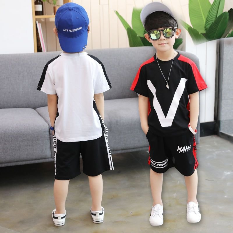 Summer Boy Sets New 2024 Sports Neck Suit Children's Clothing High Quality Clothing Summer Boy Shorts Cotton Short-sleeved Suit