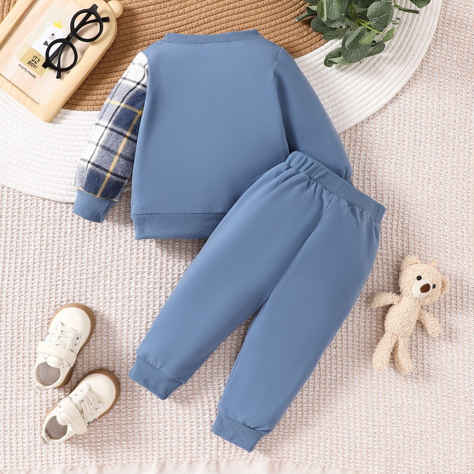 Boutique spring and autumn Baby Boys Clothing Set children leisure plaid splicing long sleeve hoodie pant suit