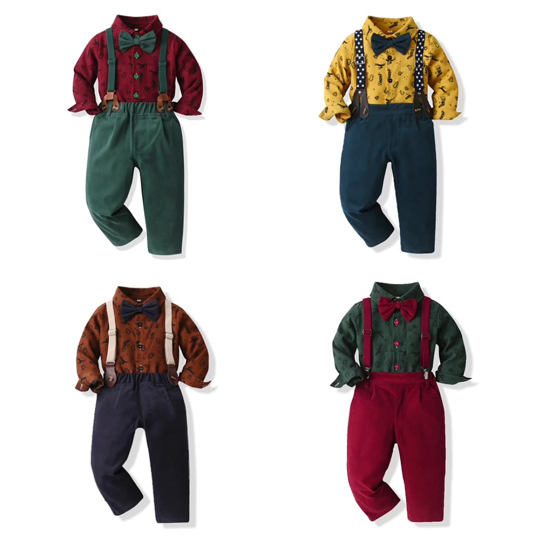 Party Children School Clothes 2pcs Set Formal Long Sleeve Shirt Fashion Overalls Pants Christmas