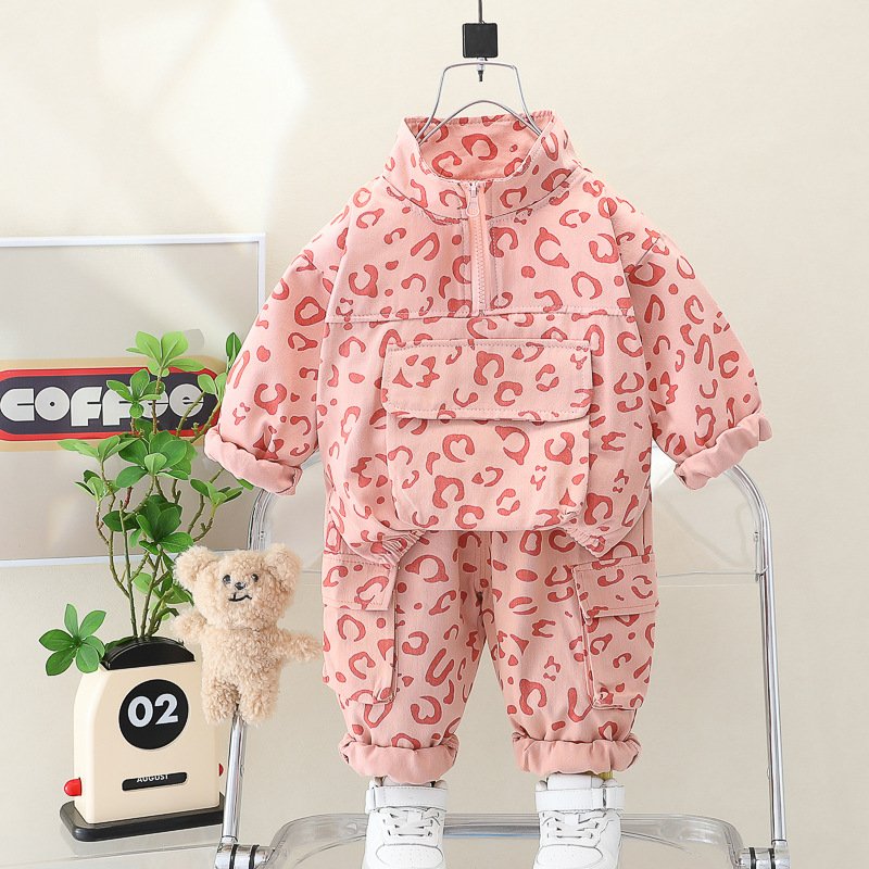 Fashion Kids Tracksuits Clothes Long Sleeve Stand Collar Leopard Tops Pants 2Pcs Toddler Boys And Girls set