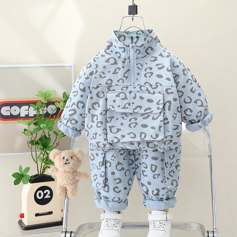 Fashion Kids Tracksuits Clothes Long Sleeve Stand Collar Leopard Tops Pants 2Pcs Toddler Boys And Girls set
