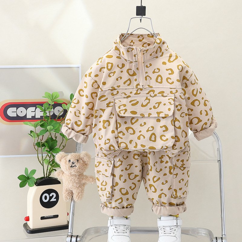 Fashion Kids Tracksuits Clothes Long Sleeve Stand Collar Leopard Tops Pants 2Pcs Toddler Boys And Girls set