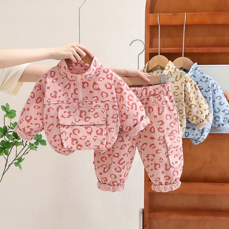 Fashion Kids Tracksuits Clothes Long Sleeve Stand Collar Leopard Tops Pants 2Pcs Toddler Boys And Girls set