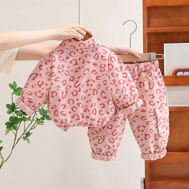 Fashion Kids Tracksuits Clothes Long Sleeve Stand Collar Leopard Tops Pants 2Pcs Toddler Boys And Girls set