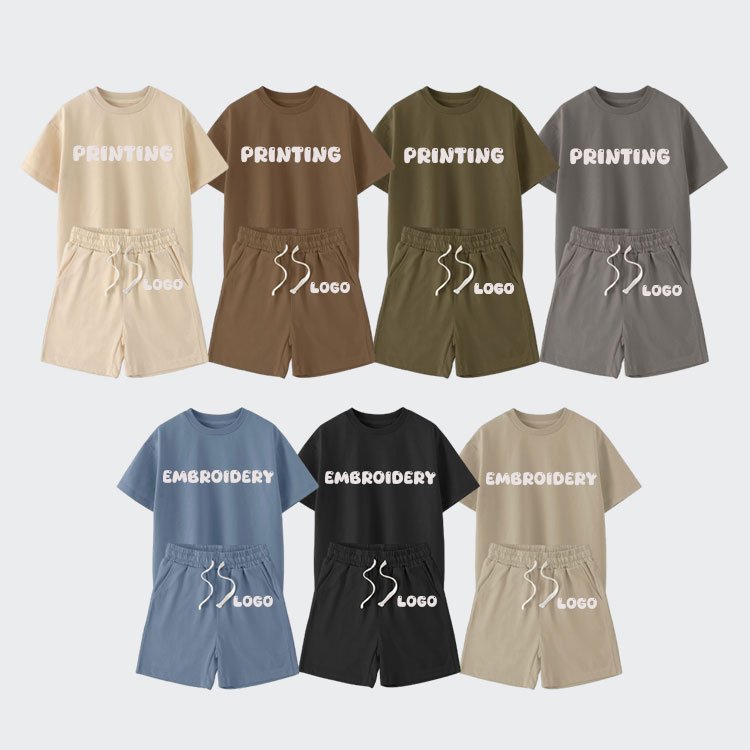 Children Unisex Oversized Drop Shoulder Boxy Tee Short Outfits Custom Logo 100% Cotton Kids Boys Summer Clothing Short Set