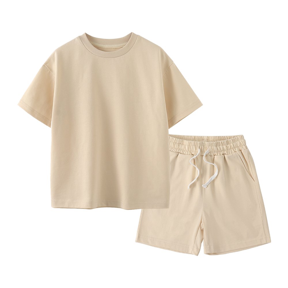 Children Unisex Oversized Drop Shoulder Boxy Tee Short Outfits Custom Logo 100% Cotton Kids Boys Summer Clothing Short Set