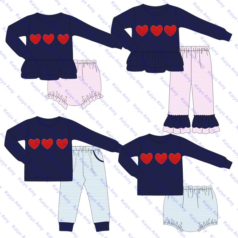 New arrival kids girls ruffle pants set navy with stripe two piece pants set Valentine sibling matching outfits