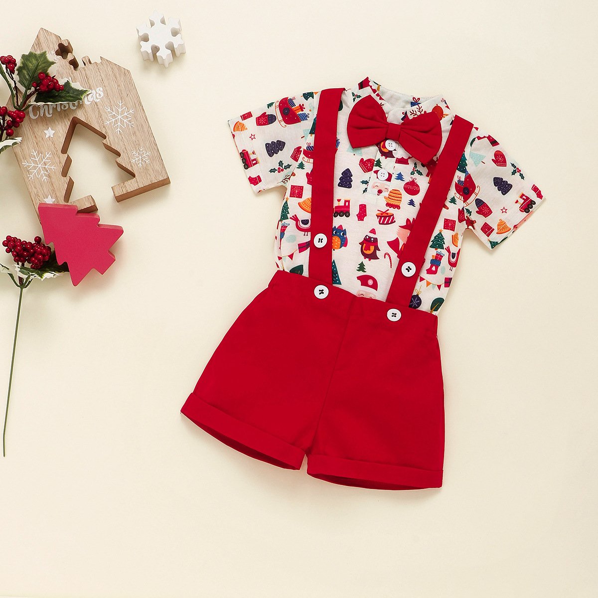 Wholesale toddler boys clothing sets Children printing Shirt suspender trousers two-piece boy Christmas set