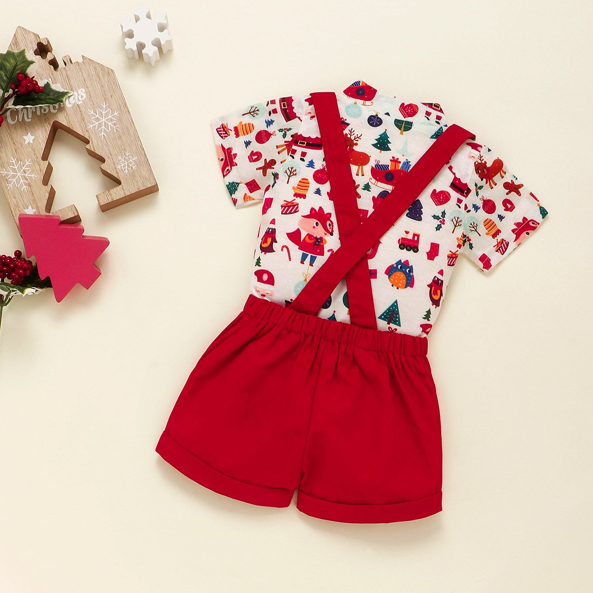 Wholesale toddler boys clothing sets Children printing Shirt suspender trousers two-piece boy Christmas set