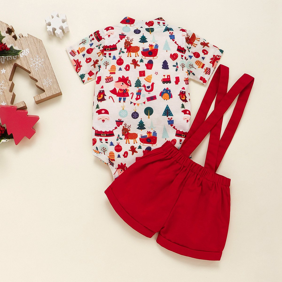 Wholesale toddler boys clothing sets Children printing Shirt suspender trousers two-piece boy Christmas set