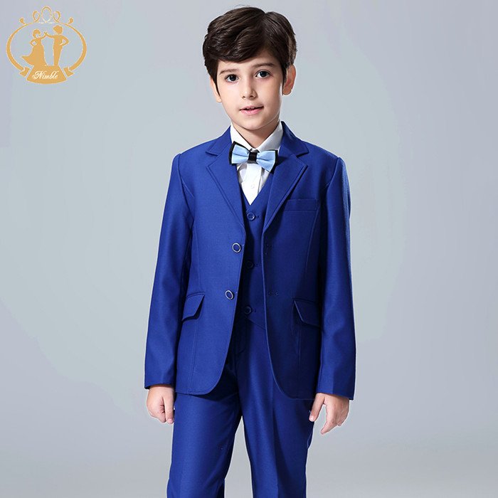 NIMBLE 2024 Flat Collar Blue Boys Formal Wedding Tuxedo Dress Suits Blazers Children Party Clothing Kids suit Outfits 3 Pieces