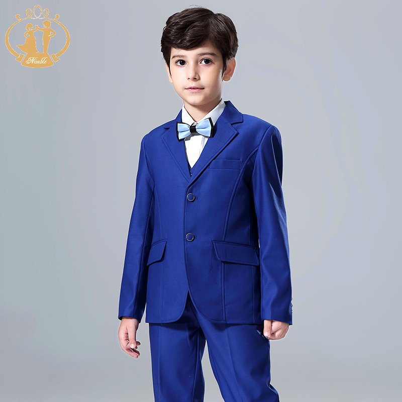 NIMBLE 2024 Flat Collar Blue Boys Formal Wedding Tuxedo Dress Suits Blazers Children Party Clothing Kids suit Outfits 3 Pieces
