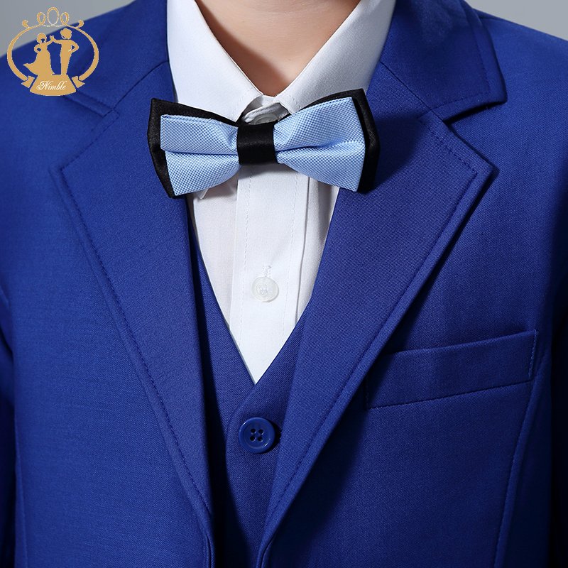 NIMBLE 2024 Flat Collar Blue Boys Formal Wedding Tuxedo Dress Suits Blazers Children Party Clothing Kids suit Outfits 3 Pieces
