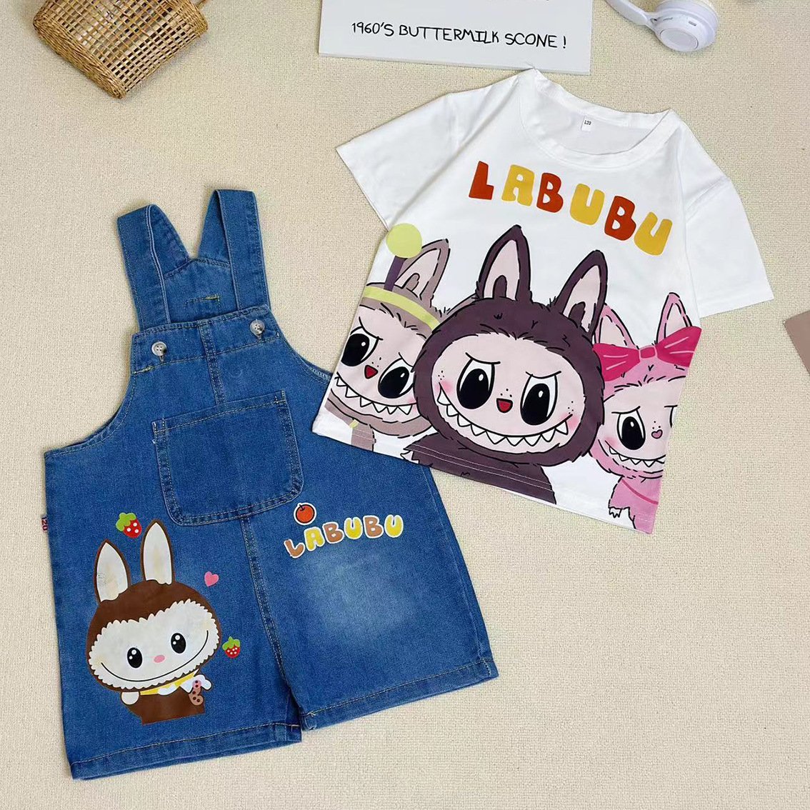 2024 Summer New Korean Style Labubu Kids Denim Strappy Trousers for Boys and Girls Casual Clothing Sets for Baby