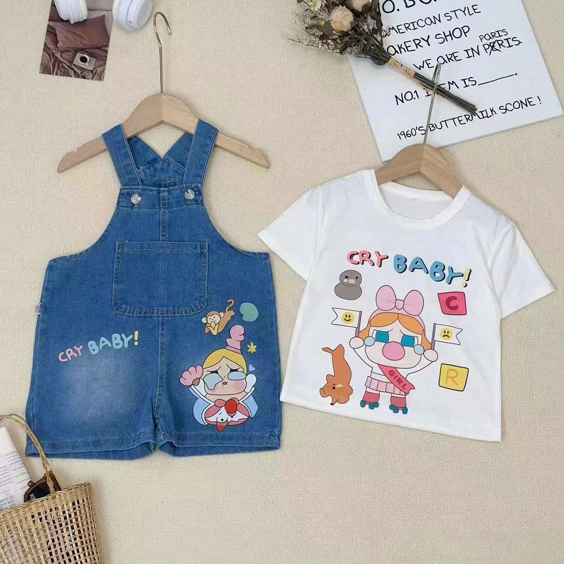 2024 Summer New Korean Style Labubu Kids Denim Strappy Trousers for Boys and Girls Casual Clothing Sets for Baby