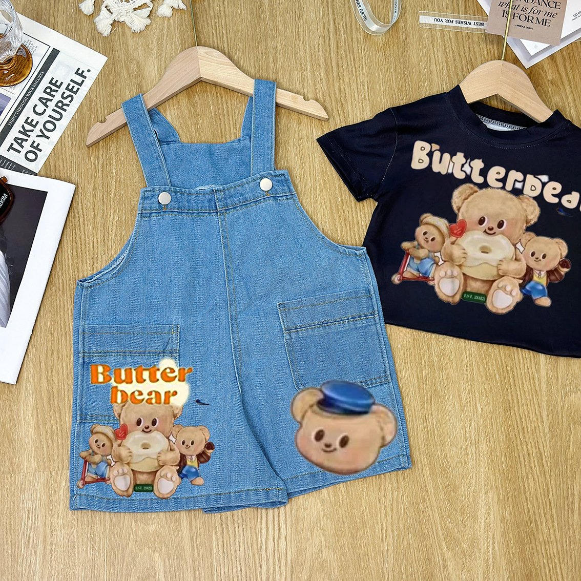 2024 Summer New Korean Style Labubu Kids Denim Strappy Trousers for Boys and Girls Casual Clothing Sets for Baby