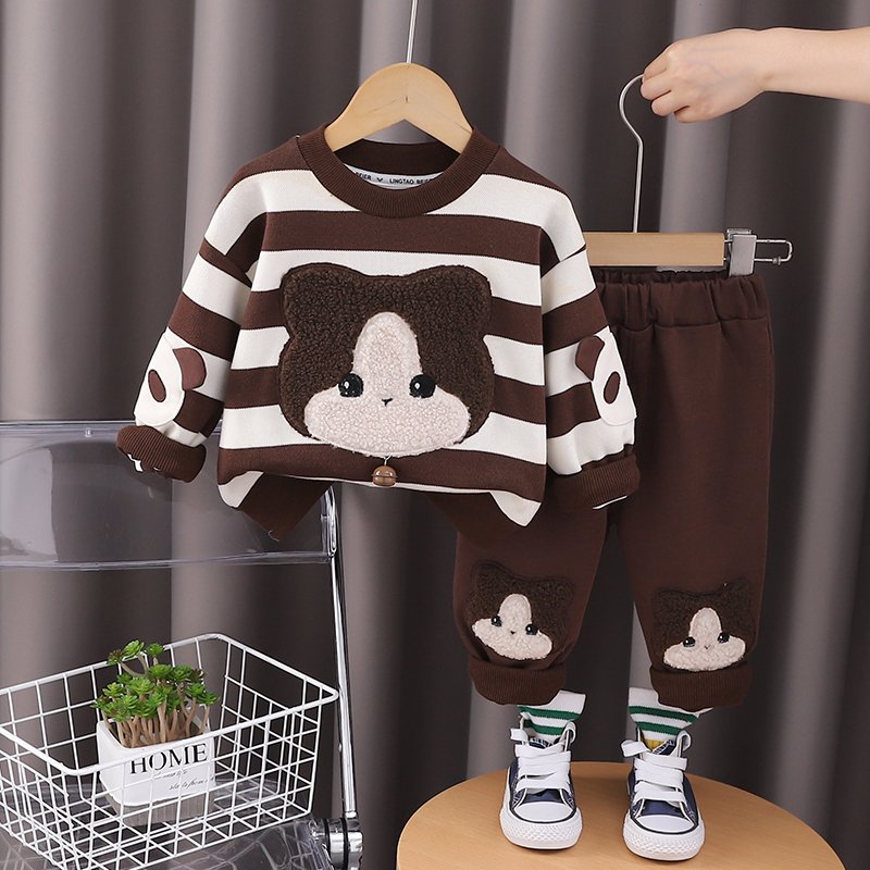 2024 Autumn/Winter Boys' Clothing Set Children's Long Sleeve Top Warm Two-Piece Hoodie Outdoor Kids Cartoon Striped Print 3D