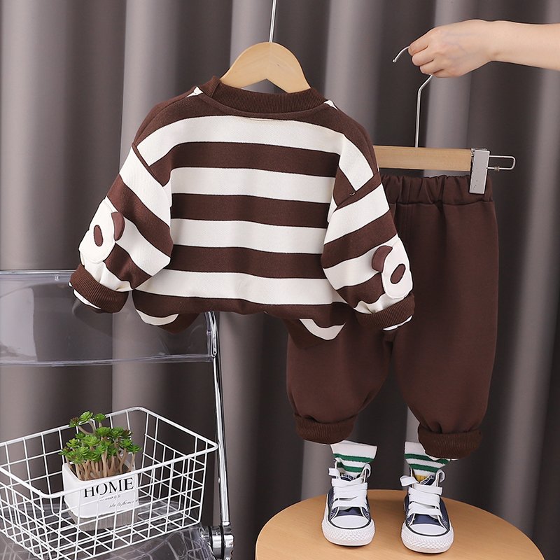 2024 Autumn/Winter Boys' Clothing Set Children's Long Sleeve Top Warm Two-Piece Hoodie Outdoor Kids Cartoon Striped Print 3D