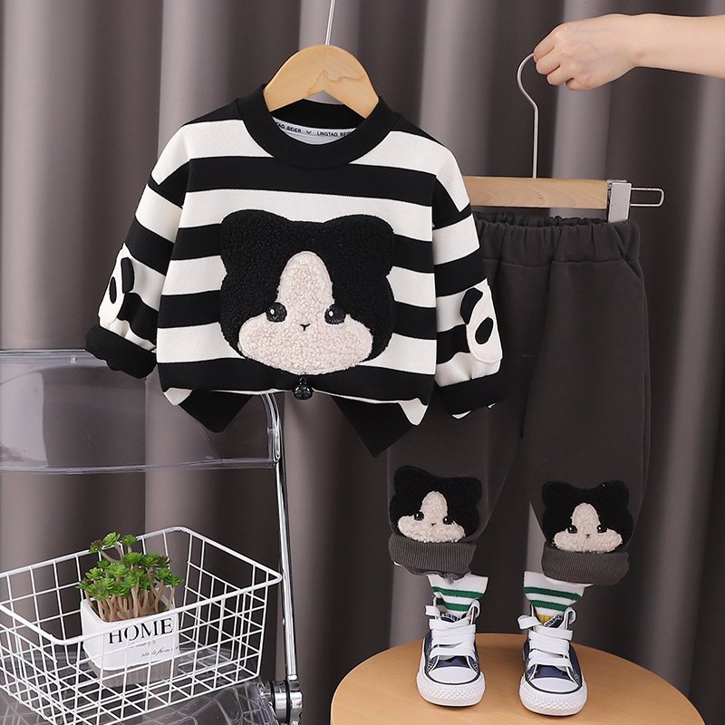 2024 Autumn/Winter Boys' Clothing Set Children's Long Sleeve Top Warm Two-Piece Hoodie Outdoor Kids Cartoon Striped Print 3D